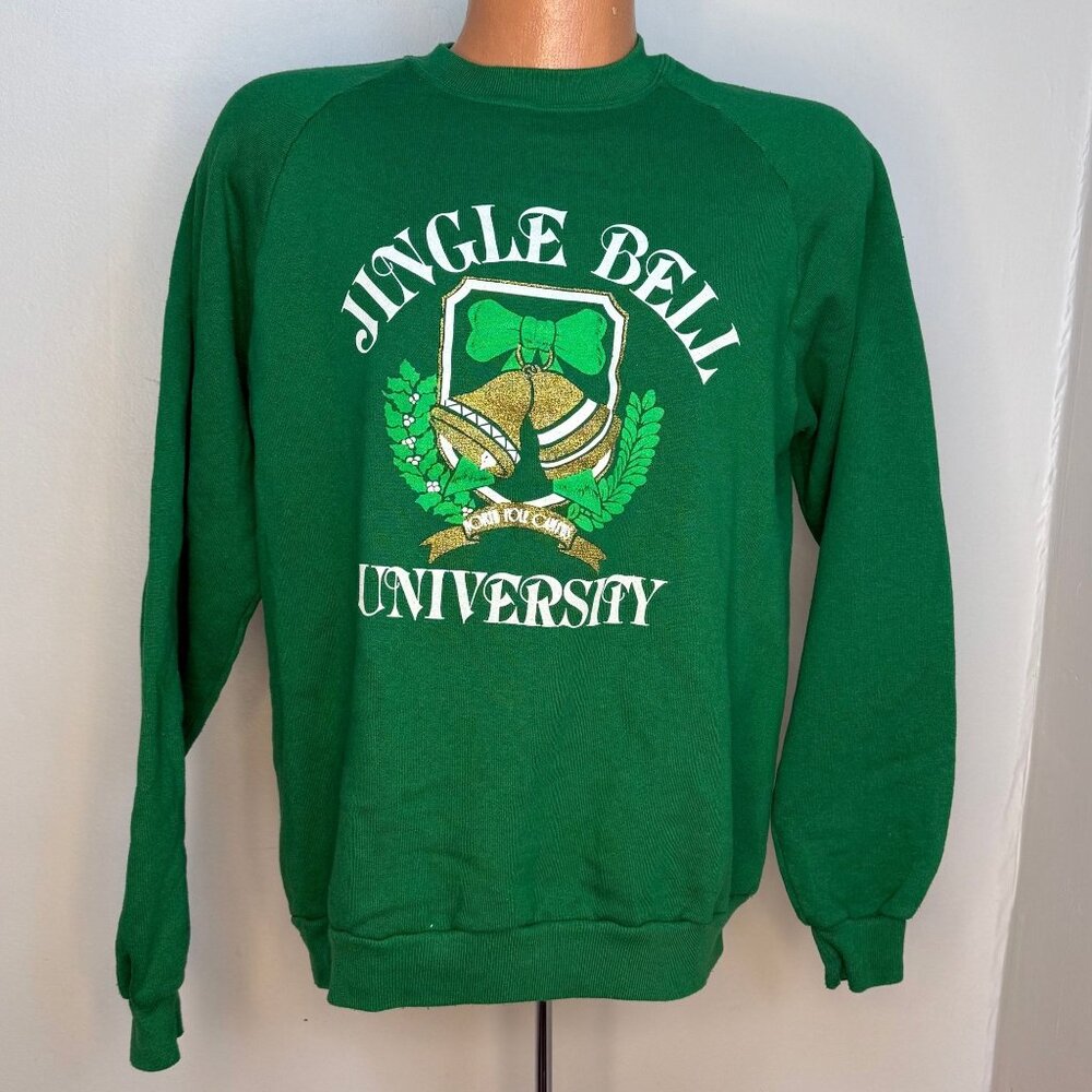 Vintage 1980s Christmas Sweatshirt, Jingle Bell University, Size Large, Glitter